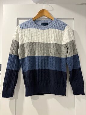 Karen Scott Cable Knit Colorblock Sweater Medium Blue Gray White